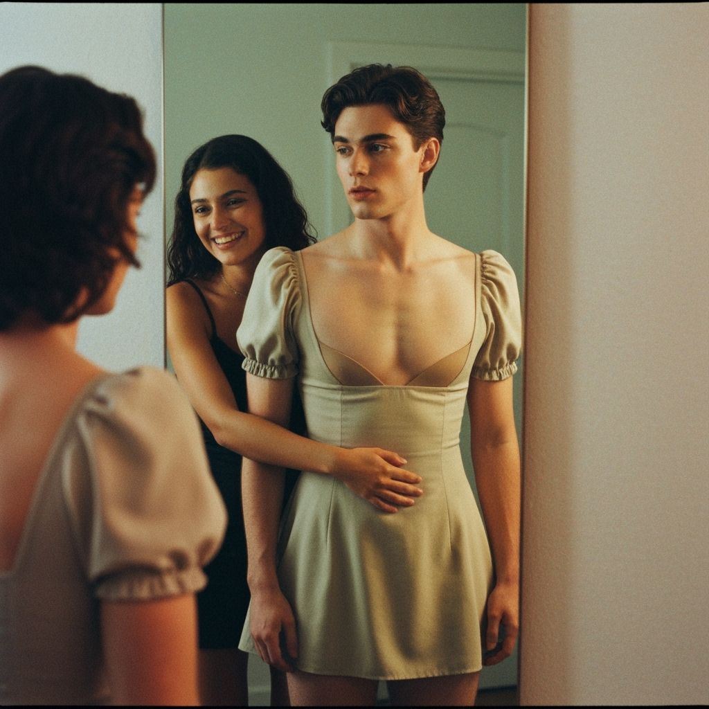 Young Man in Minidress Gazes at Reflection
