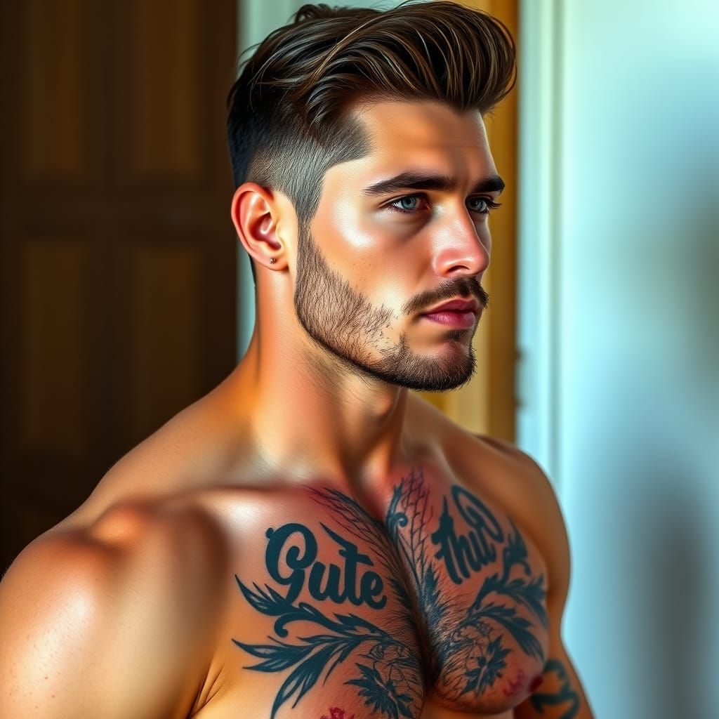 Chiseled Gay Male Model with Chest Hair and Tattoos