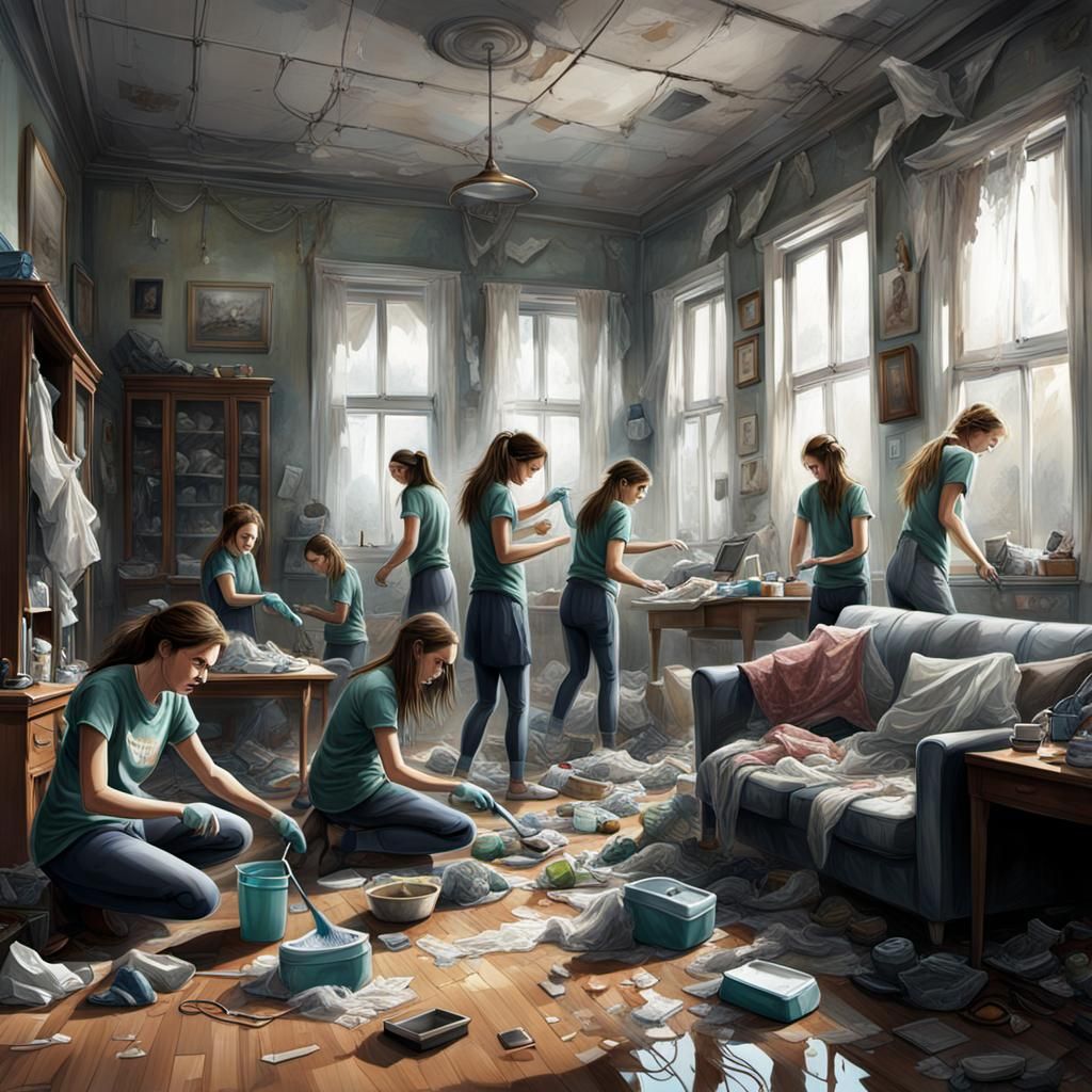 Hyper-Realistic Teenage Girls Clean Disheveled Living Room