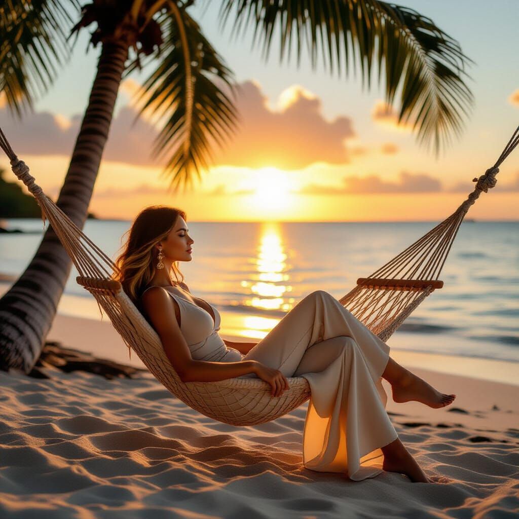 Woman Relaxing in Tropical Beach Hammock at Sunset