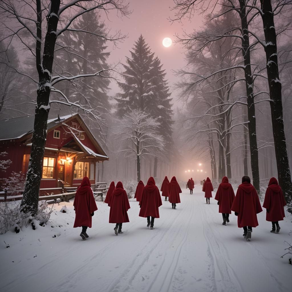 Enchanted Winter Wanderers in Vibrant Red Cloaks