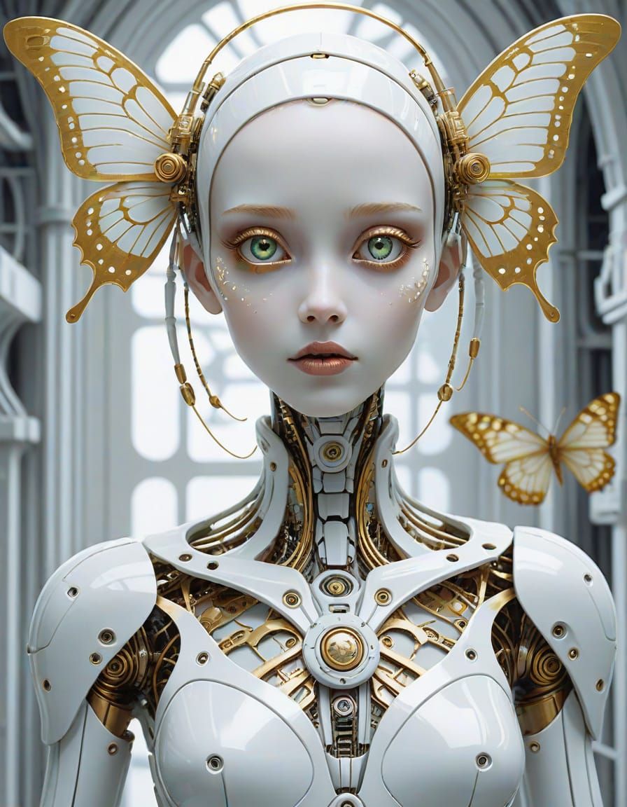 Futuristic Robot Observes Butterfly in Space Station