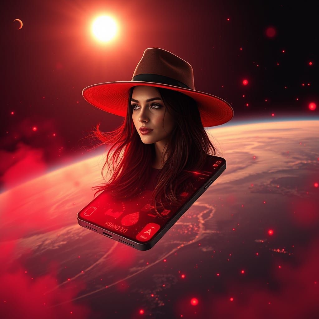 Woman in Hat Soars on Glowing Smartphone in Futuristic Vorte...