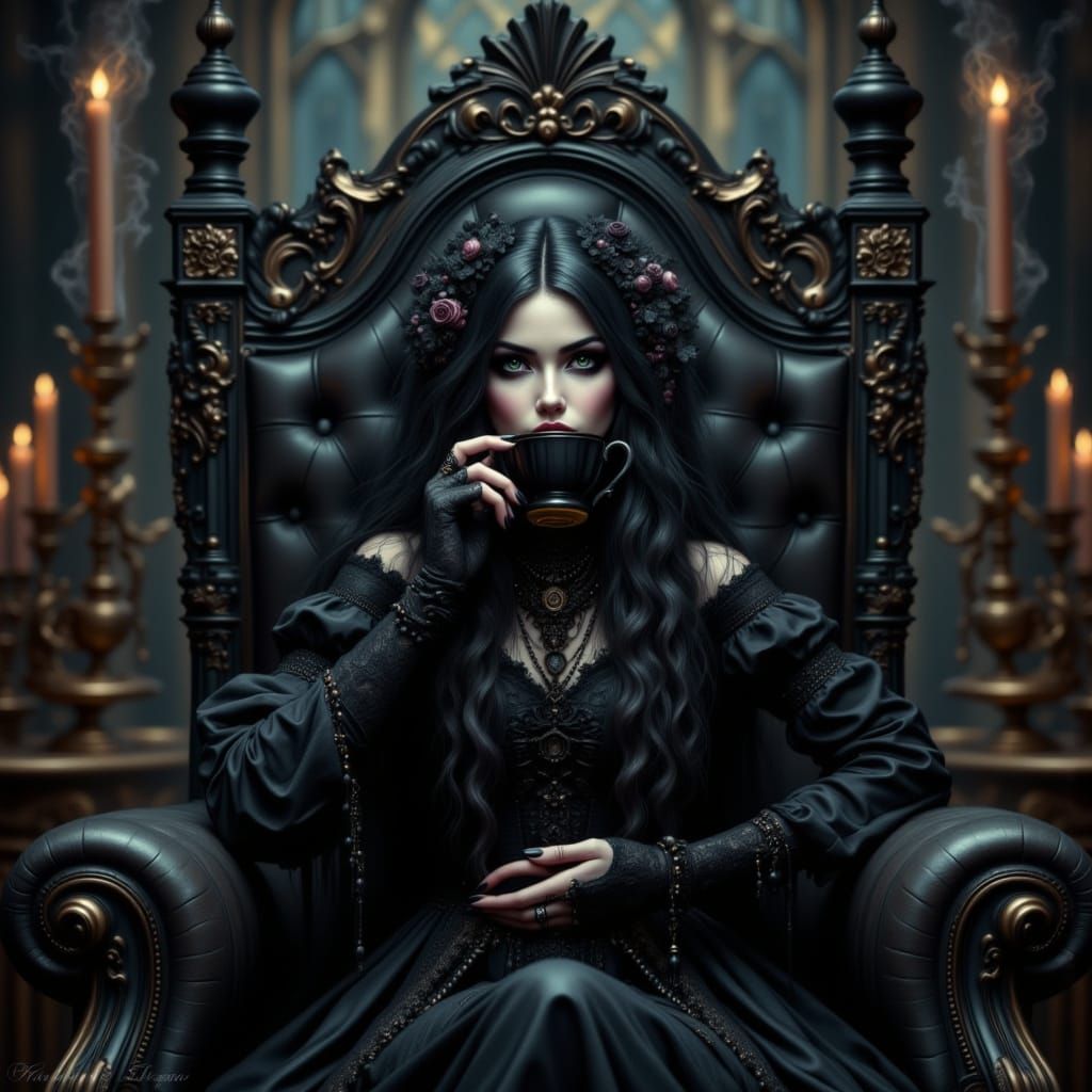 Wednesday Addams Sipping Coffee in Gothic Throne Room