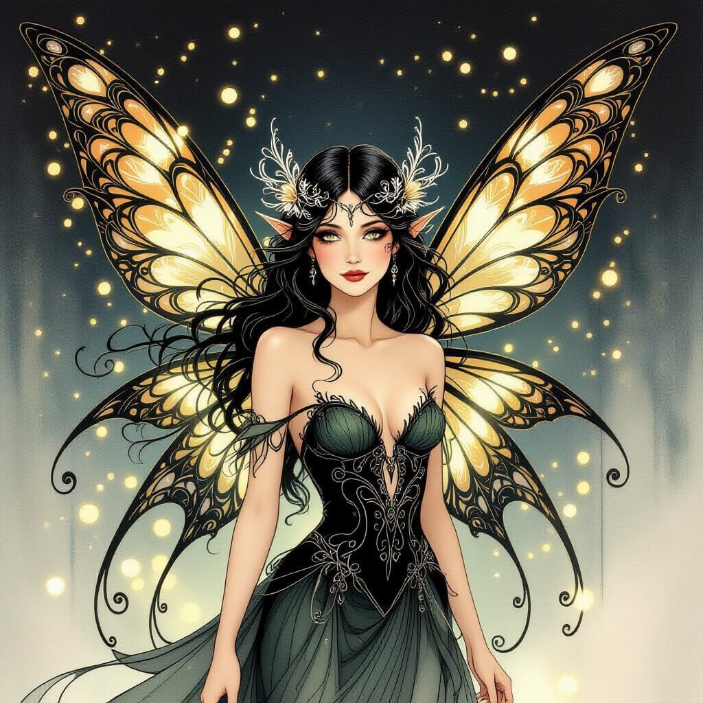 Seductive Fairy with Intricate Filigree Wings in Black Ink