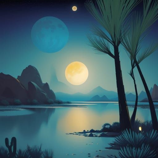 Vibrant Oil Painting of Moon Over Desert Oasis