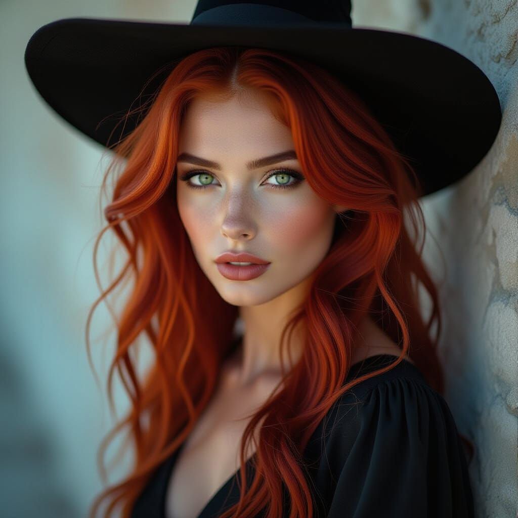 Red Haired Witch With Green Eyes In Dramatic Portrait Style