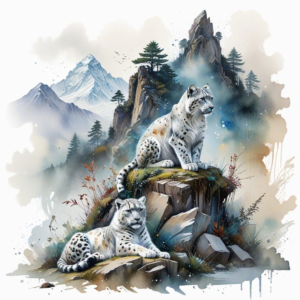Himalayan Temple with Snow Leopard in Watercolour Style