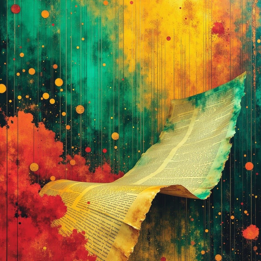 a massive scroll of code unrolling into the horizon, edges fraying as sentences tumble off, binary rain pouring down, mo...