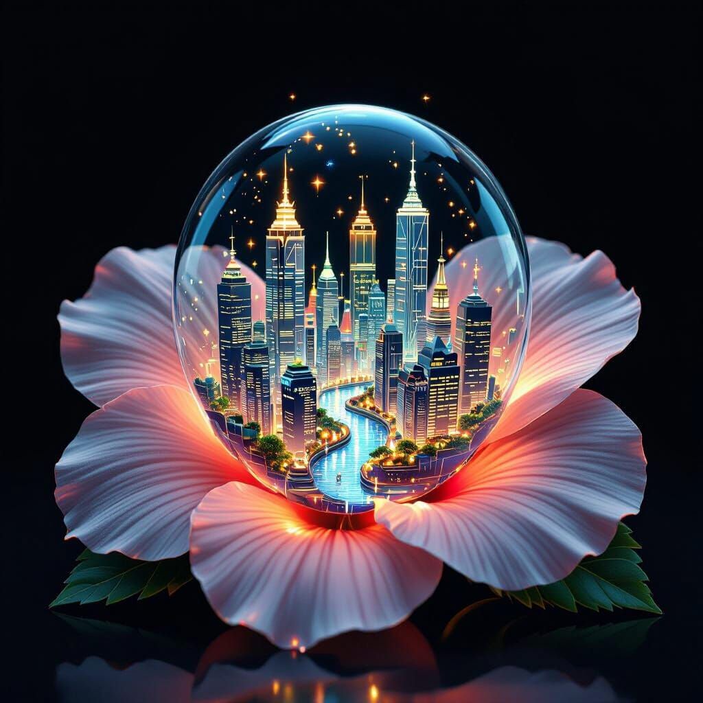 Bioluminescent City Inside Hibiscus Flower, Anime Style