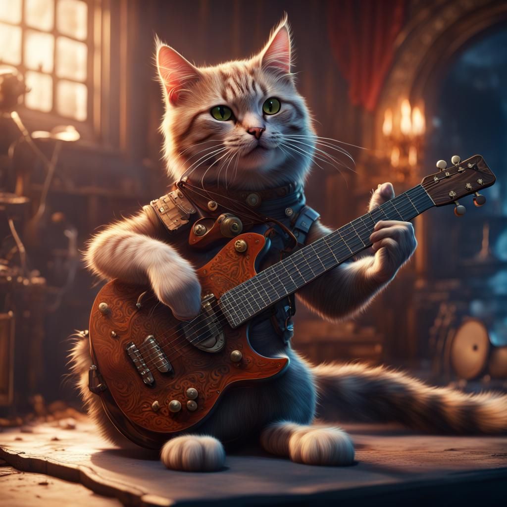 Cat Plays Guitar in Detailed Matte Painting Style