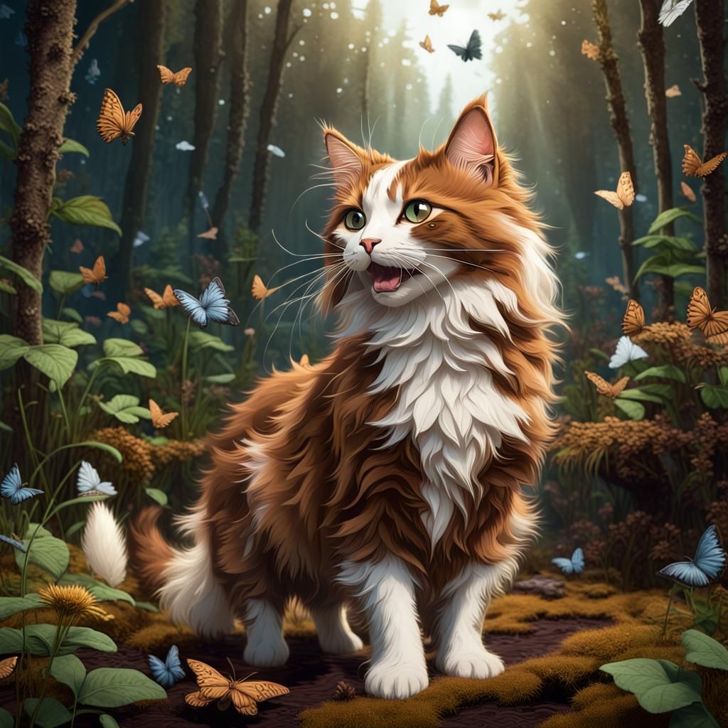 Norwegian Forest Cat in Butterfly Bog: Fantasy Art