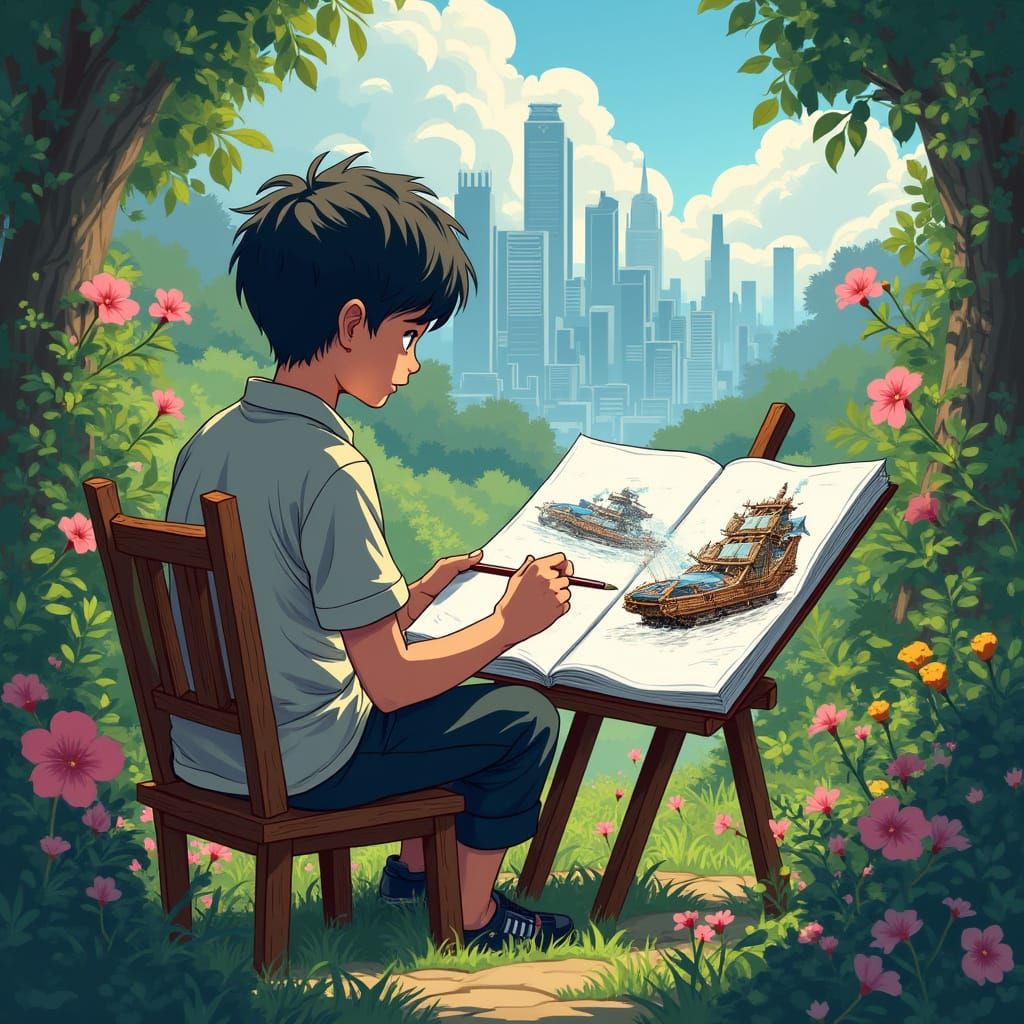 Boy Paints Fantasy and Sci-Fi Worlds in a Lush Garden