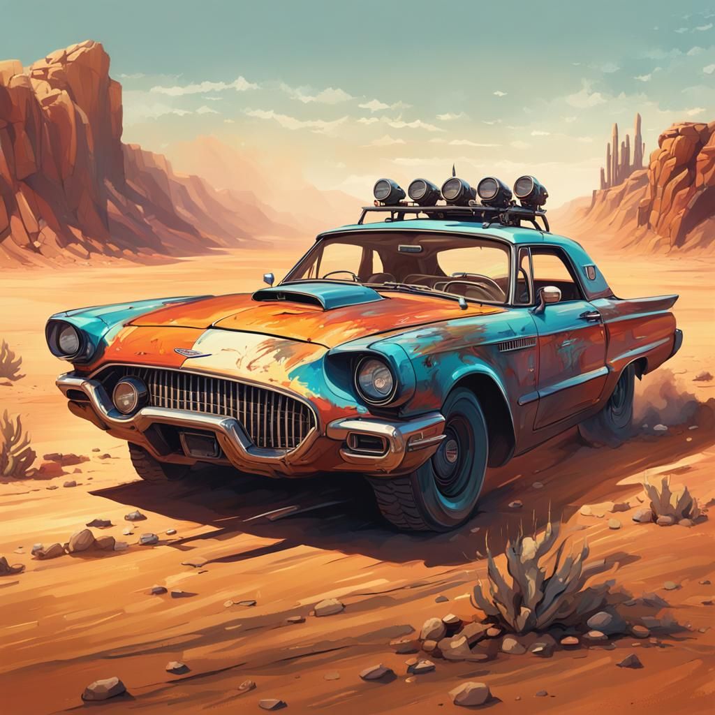 Mad Max Ford Thunderbird in Apocalyptic Desert