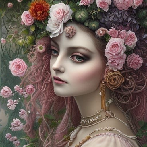 Rose Princess Portrait in Garden, Detailed Digital Art