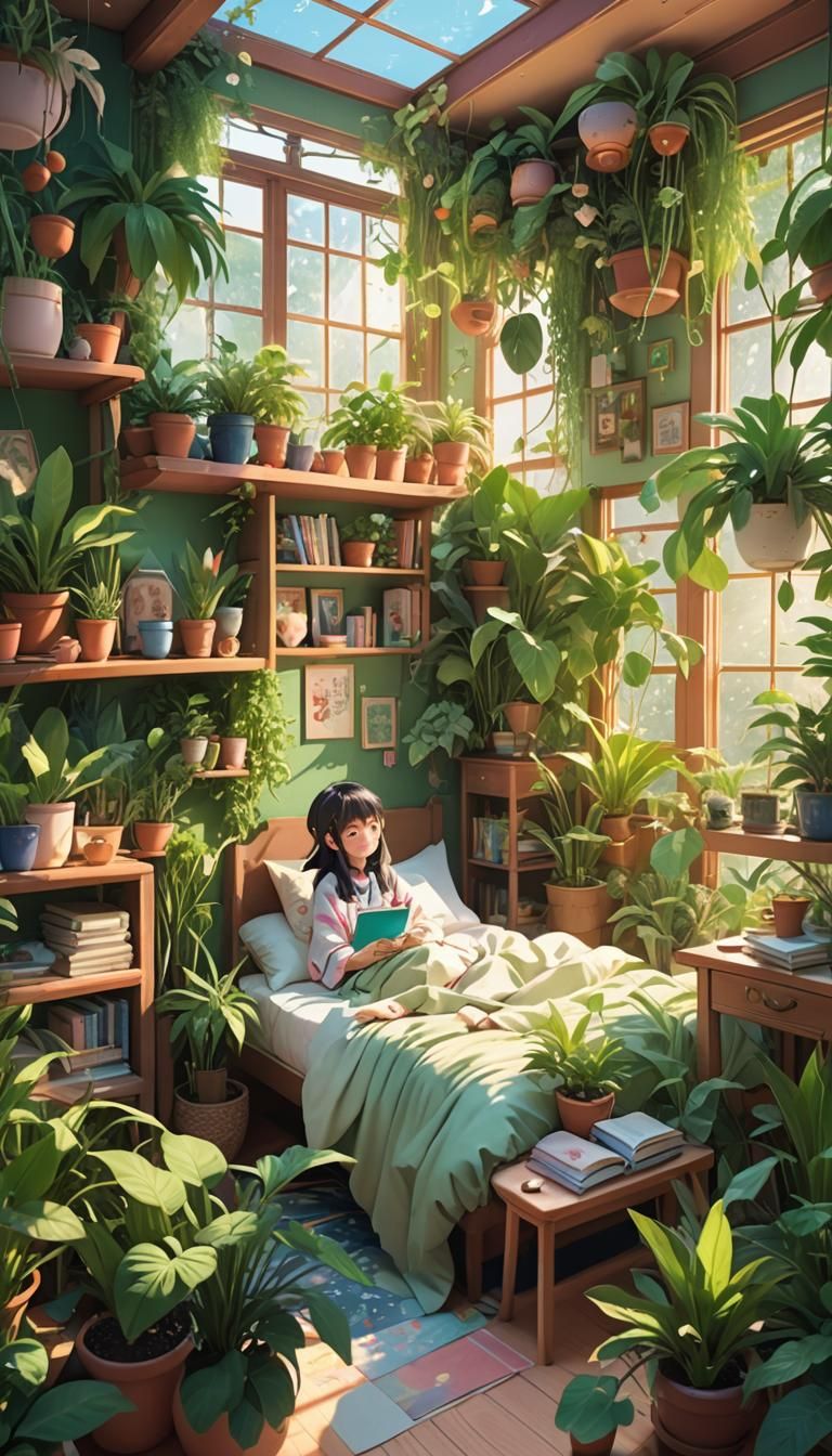 Fantasy Bedroom with Lush Plants: 3D Anime Art