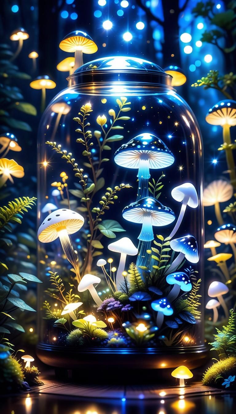 Enchanted Night Forest Terrarium with Bioluminescent Mushroo...