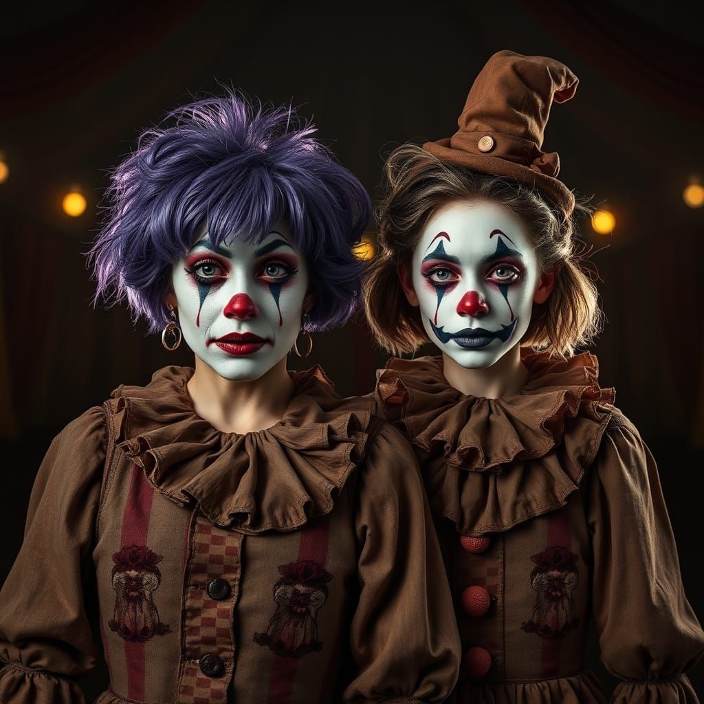 Two Italian Clowns in Dimly Lit Circus Tent