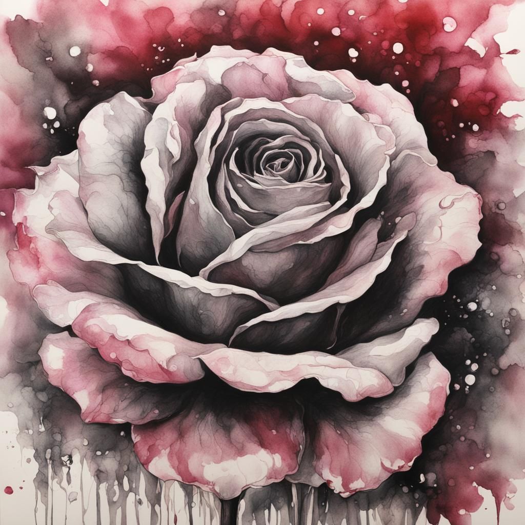 Delicate Rose Ink Painting with Swirling Tendrils
