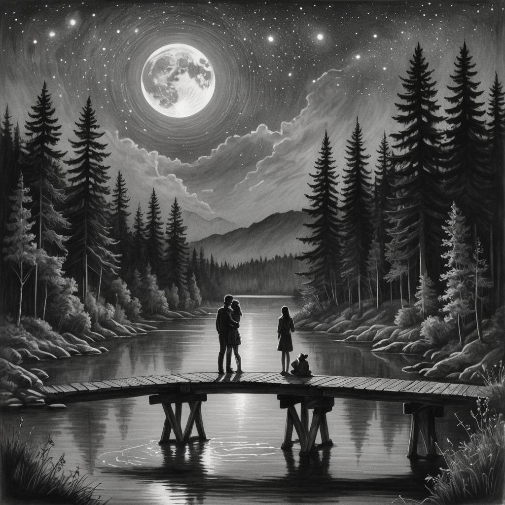 Couple Gazing at Galaxy in Charcoal Drawing