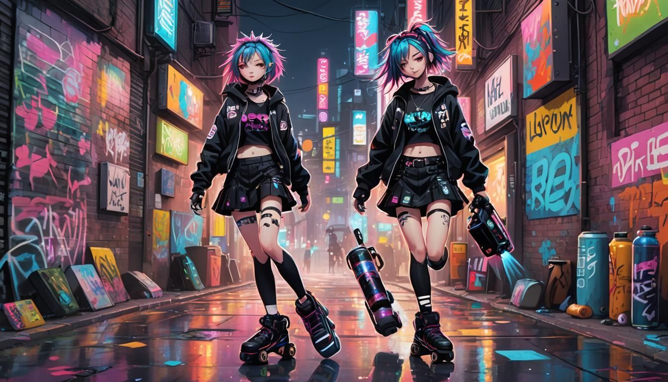 Anime Punk Graffiti Girl in Cityscape