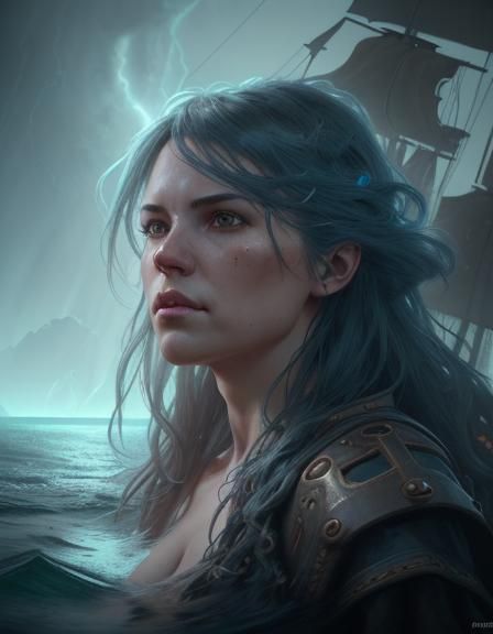 Ghostly Pirate Ship on Raging Ocean, Detailed Digital Art