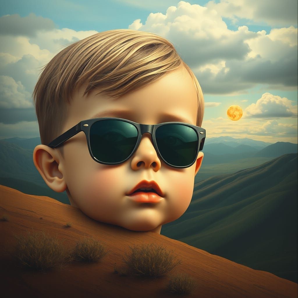 Surreal Baby Boy Face Wearing Sunglasses in Dreamlike Landsc...
