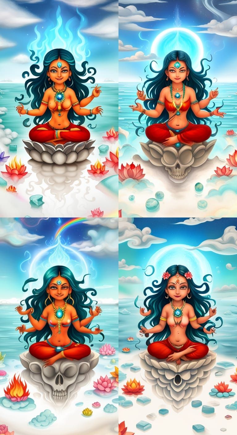 Chibi Hindu Goddess on Beach in Anime Art
