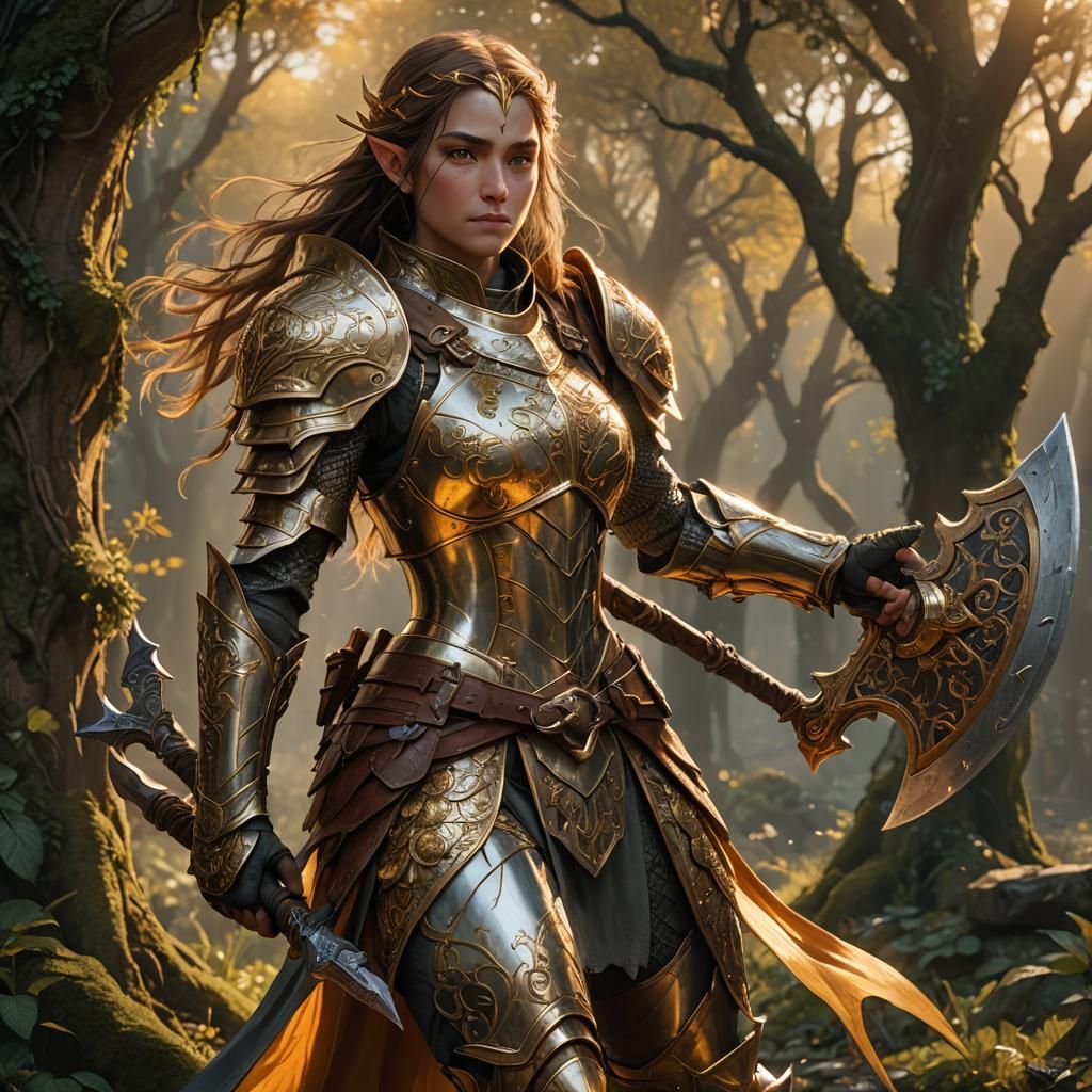 Half-Elf Paladin in Fantasy Landscape, Detailed Matte Painti...