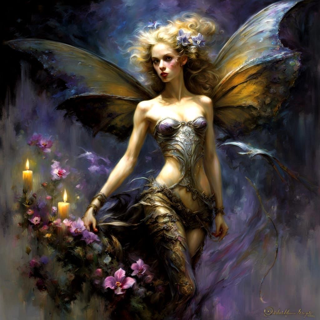 Alien banshee,  candlelight,  pino daeni, elegant fairy.  Gate, hyperdetailed, inelegant, jump, kite, larp, marine, necr...