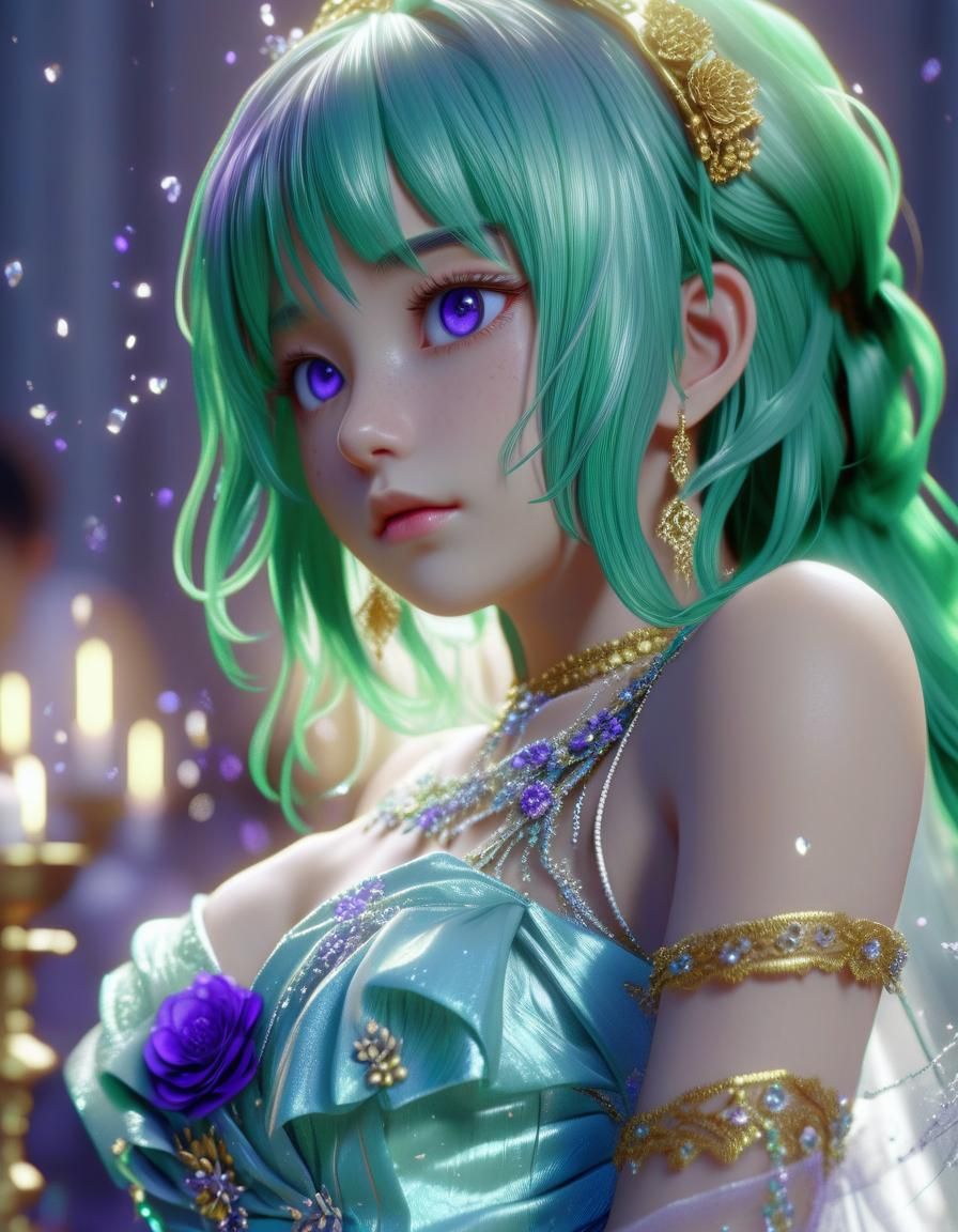 Anime Style Woman with Green Hair in Wedding Dress