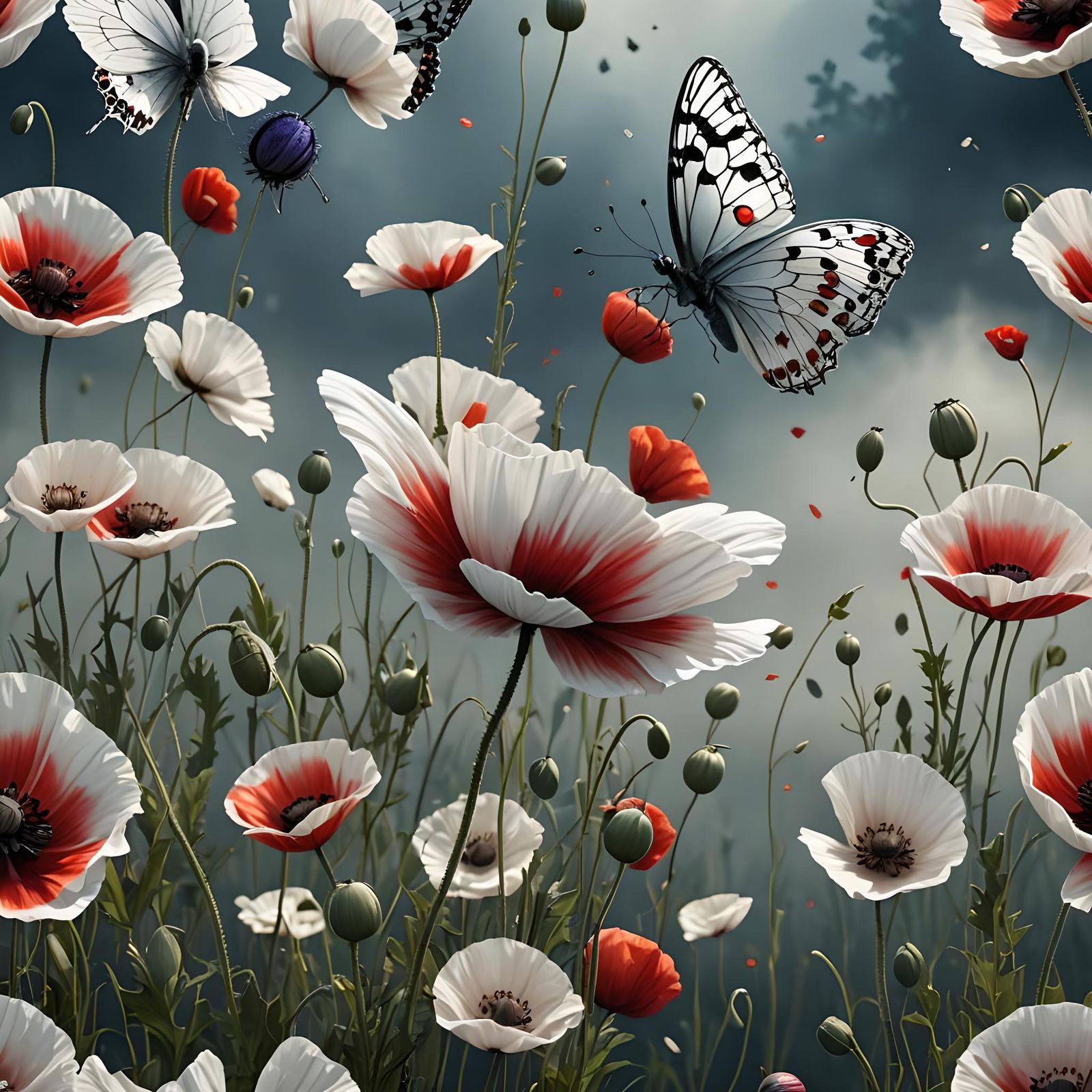 White Butterfly on Poppy: Detailed Matte Painting