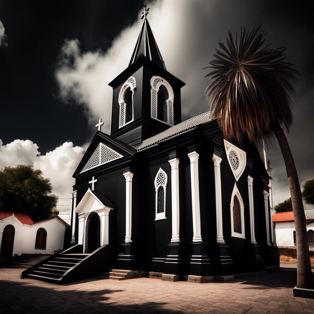 Black Church in White Village: Hyperrealistic HDR Image