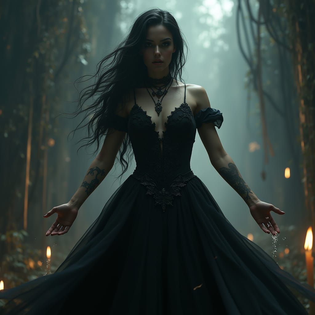 Goth Goddess Performing Dark Ritual in a Haunting, Art Nouve...