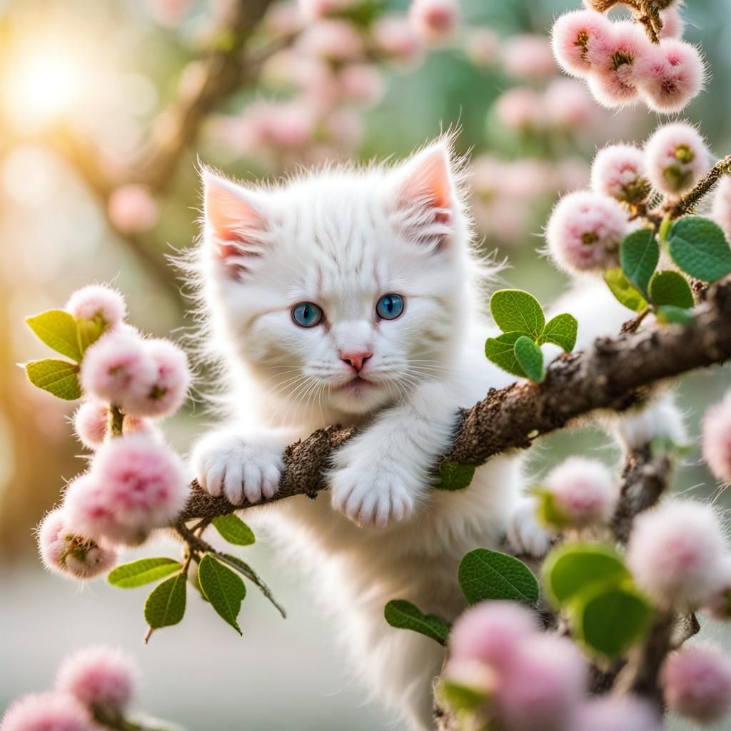 Fantasy Kitten Tree with White Blossoms