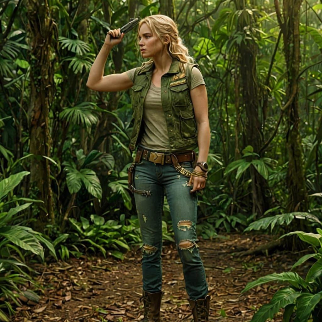 Amazon Jungle Warrior Woman Celebrates Victory with Gun