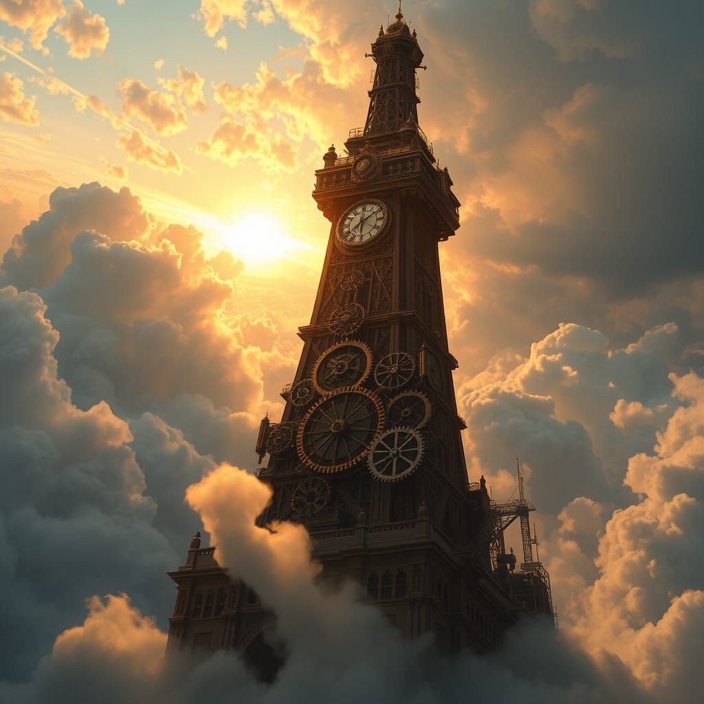 Intricate Clockwork Tower Piercing Clouds at Sunset