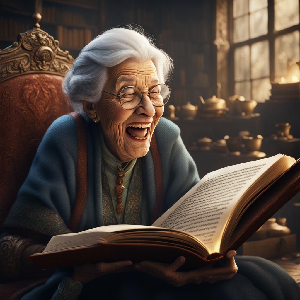 Laughing Old Woman Reading a Book: Fantasy Art