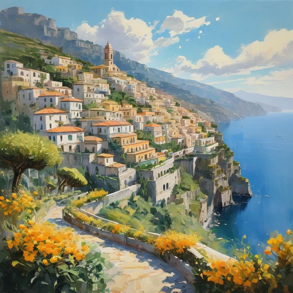 Impressionist Painting of Amalfi Coast in Golden Light