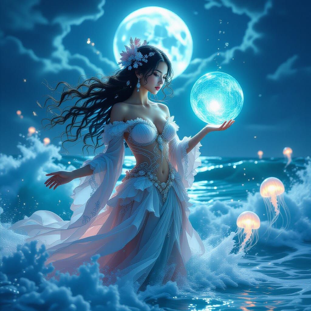 Ocean Spirit Emerges Under Moonlight in Hyperrealism