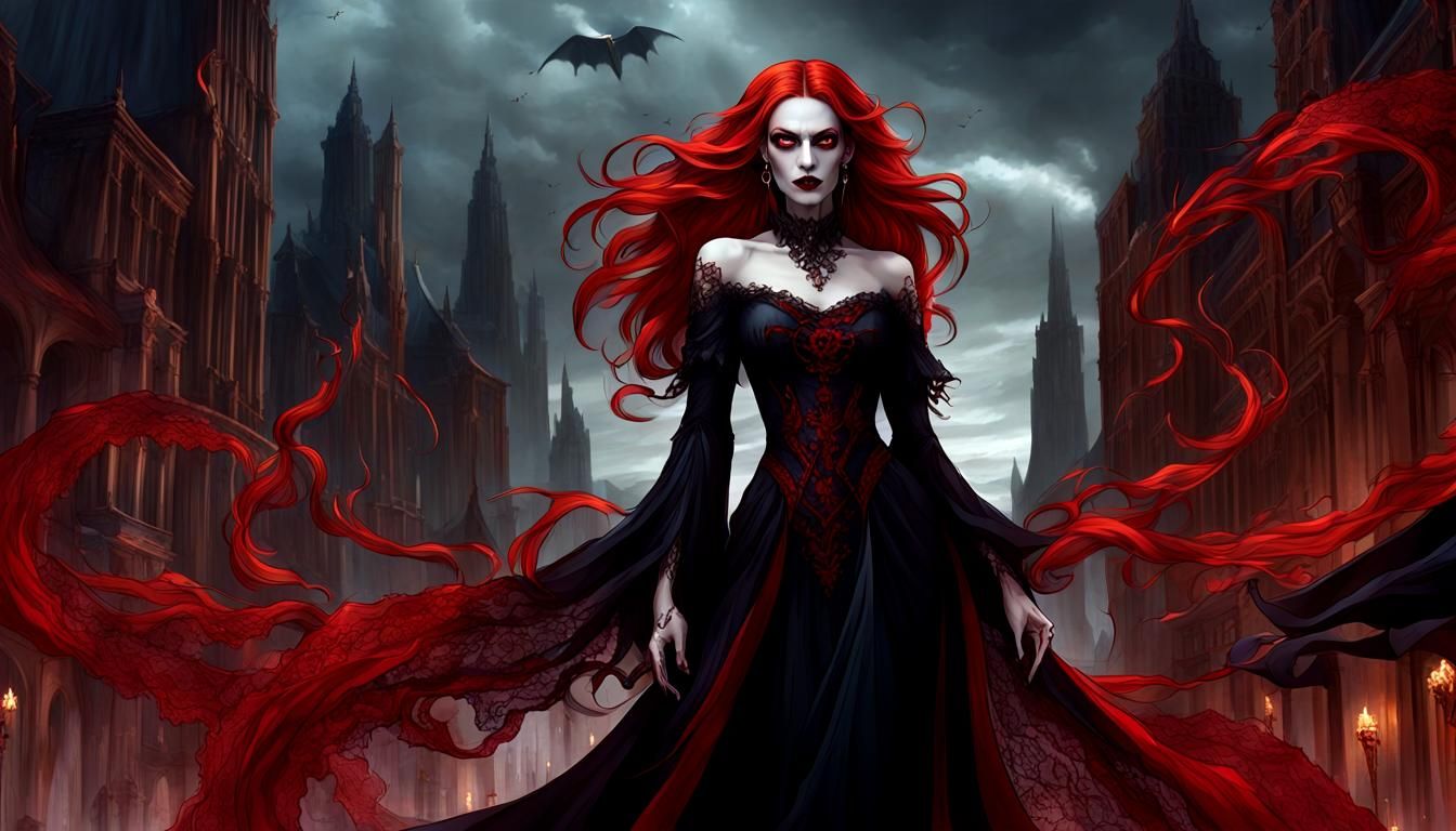 Vampire Goddess in Fantasy City, Photorealistic Detail