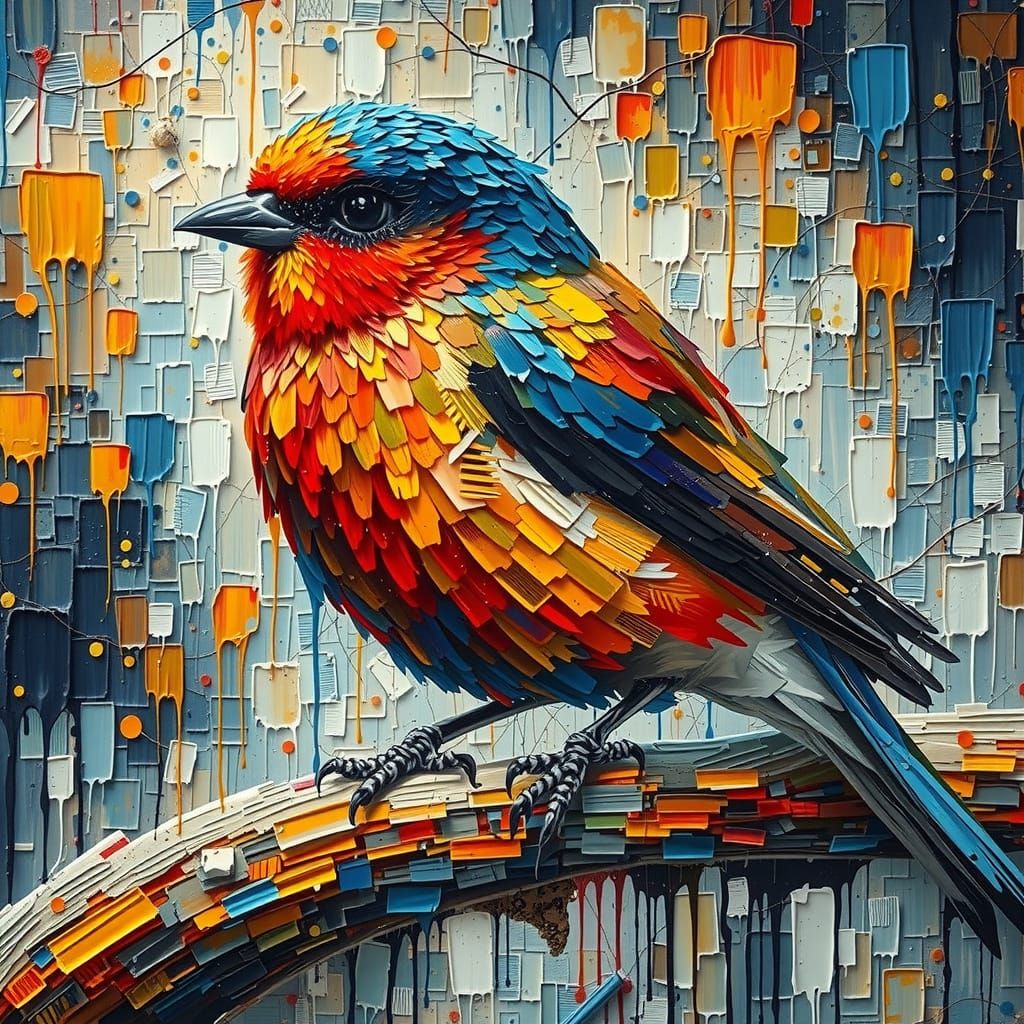 Vibrant Bird in Abstract Impasto Oil Painting