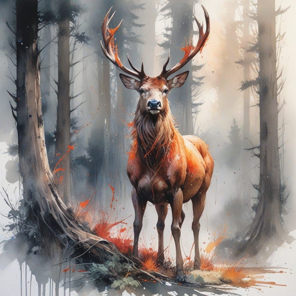 Crimson Stag in Ember Redwood Forest: Watercolour Painting
