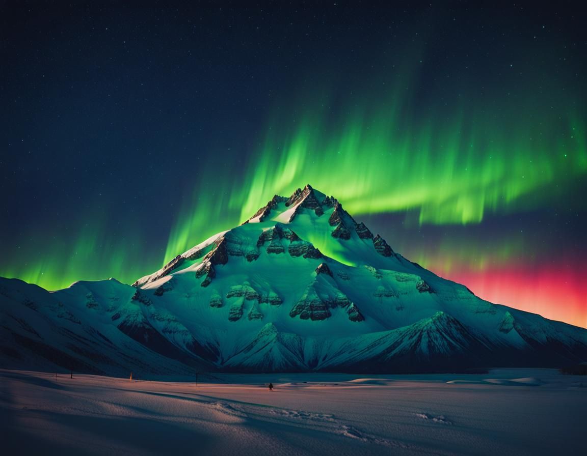 Aurora Lights Up Snow Mountain: Cinematic Film Still