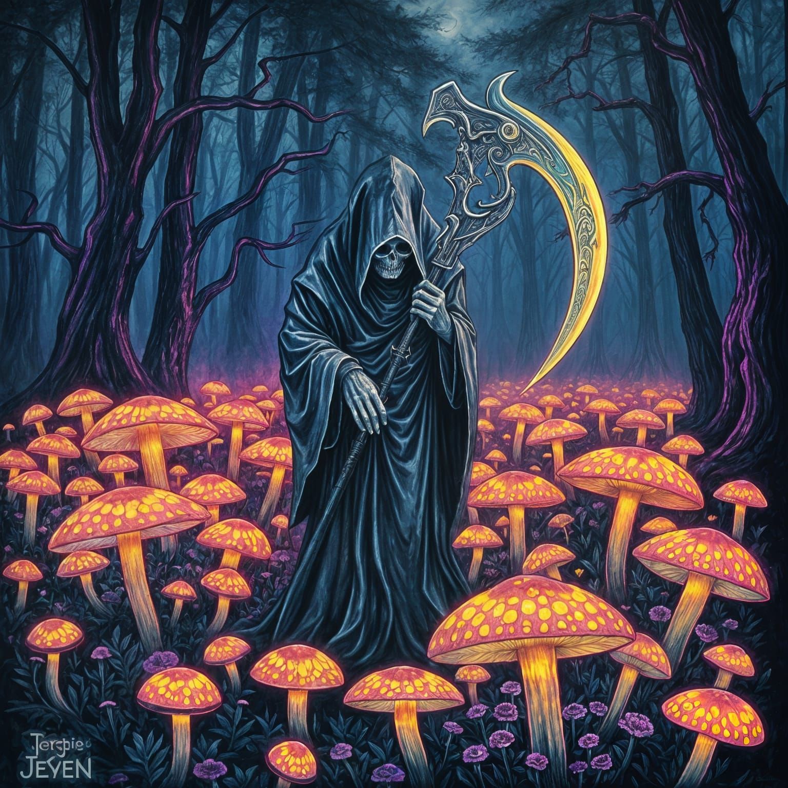 Psychedelic Grim Reaper in Mushroom Field