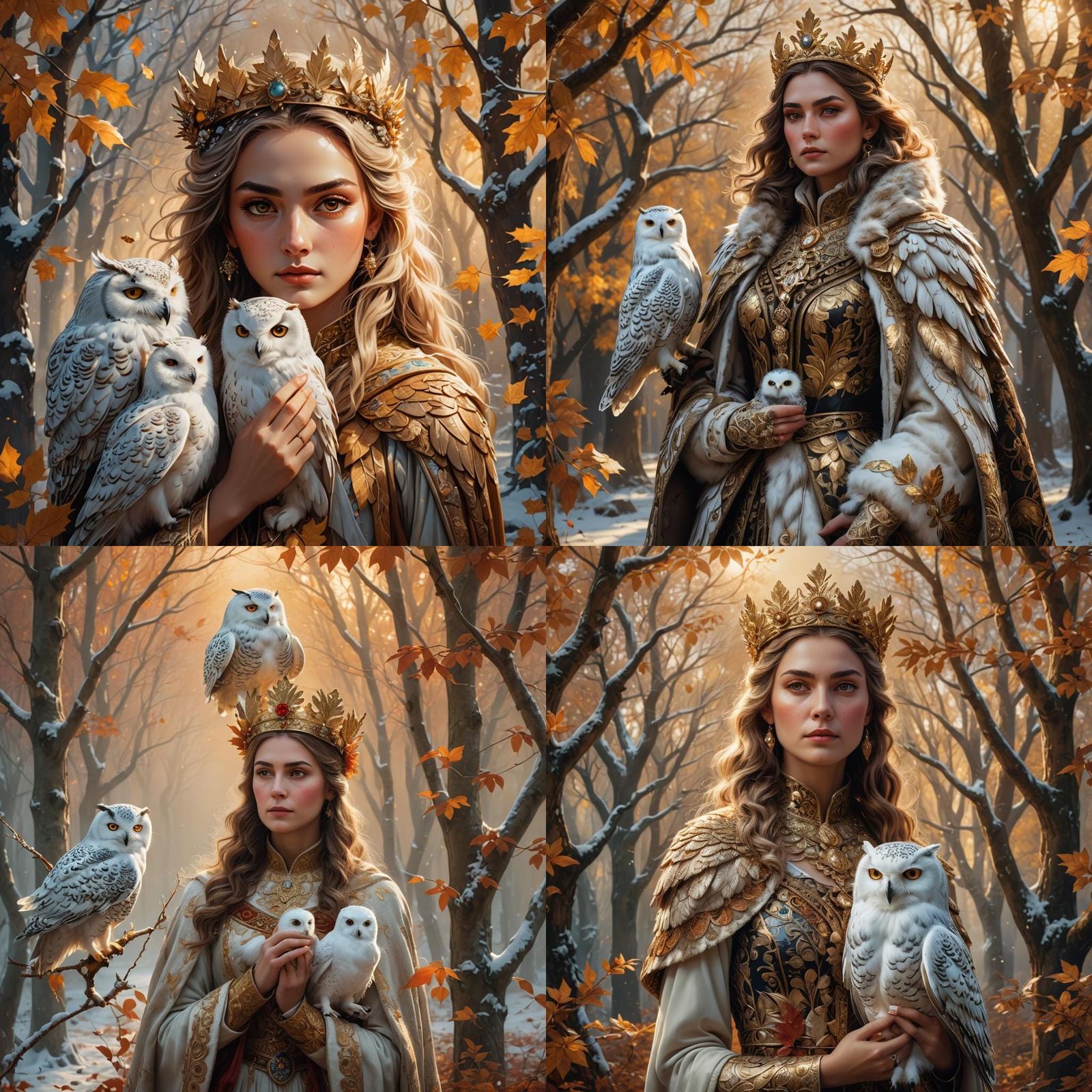 Woman with Crown and Owl in Autumn Landscape