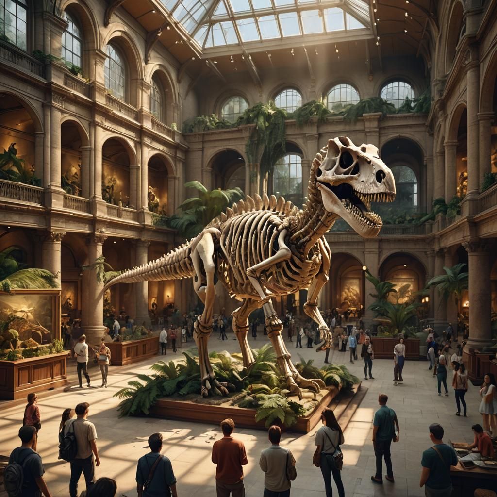 Dinosaur Skeleton in Museum, Matte Painting Style