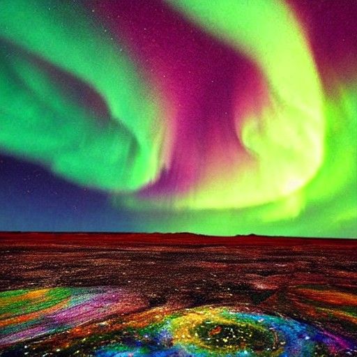 Futuristic Aurora Over Fiery Elemental Moonscape