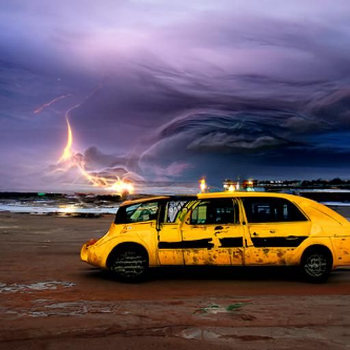 Dystopian Sunset: Taxi, Beach, and Approaching Tornado