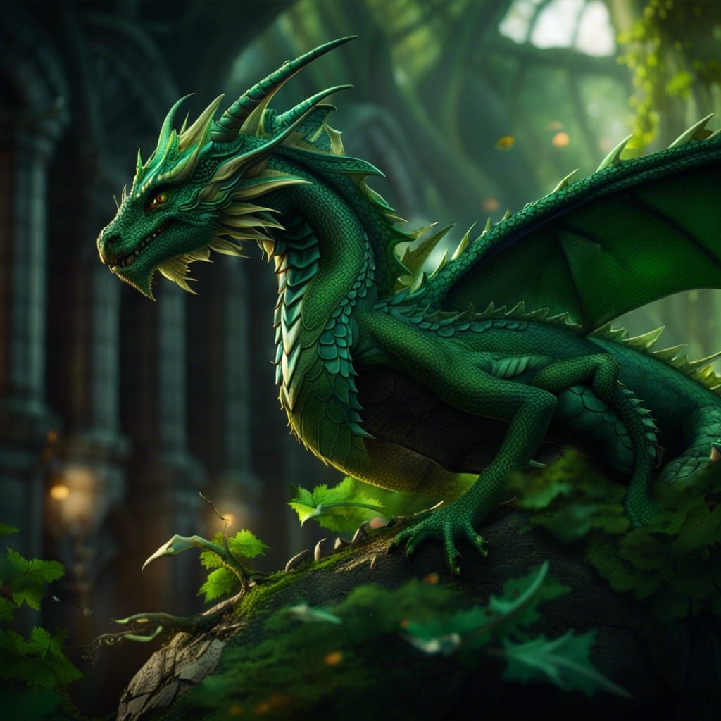 Leaf-Winged Green Dragon in Detailed Matte Painting